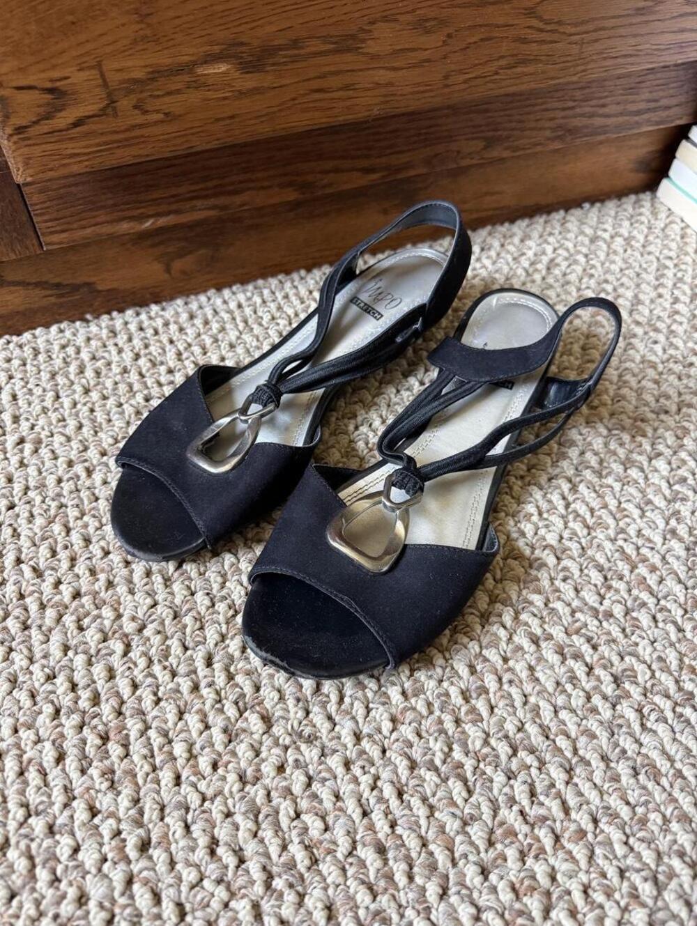 Black y2k suede open toe sandals with silver buckle detail